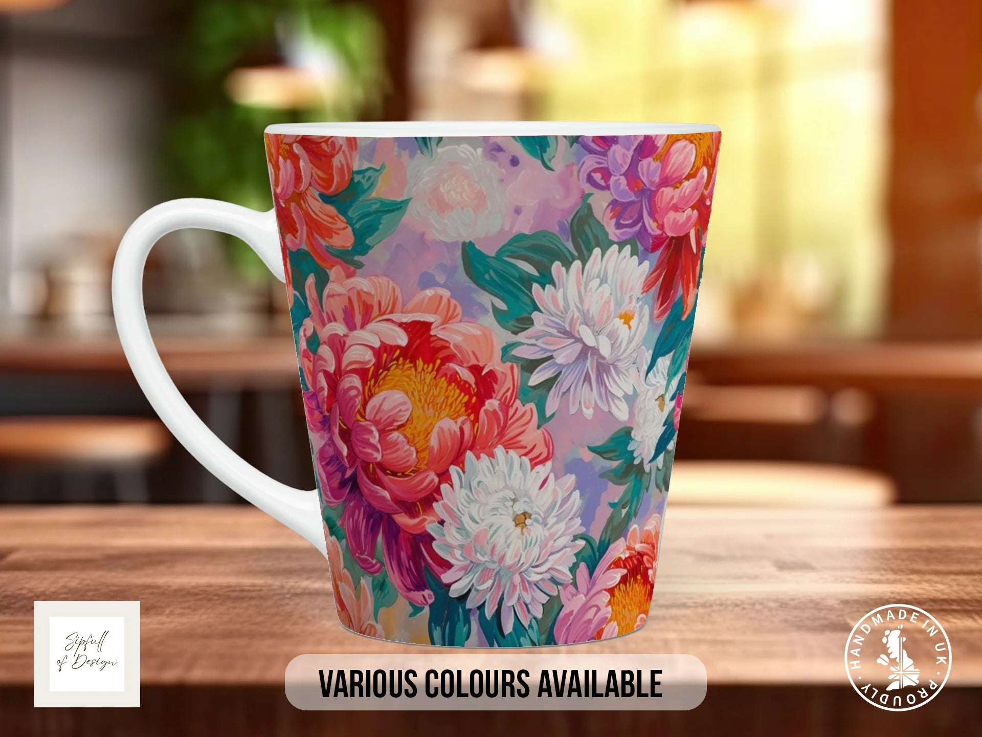 Birth Month Flowers Mug – November | Chrysanthemum & Peony Full-Wrap Design 12oz Latte