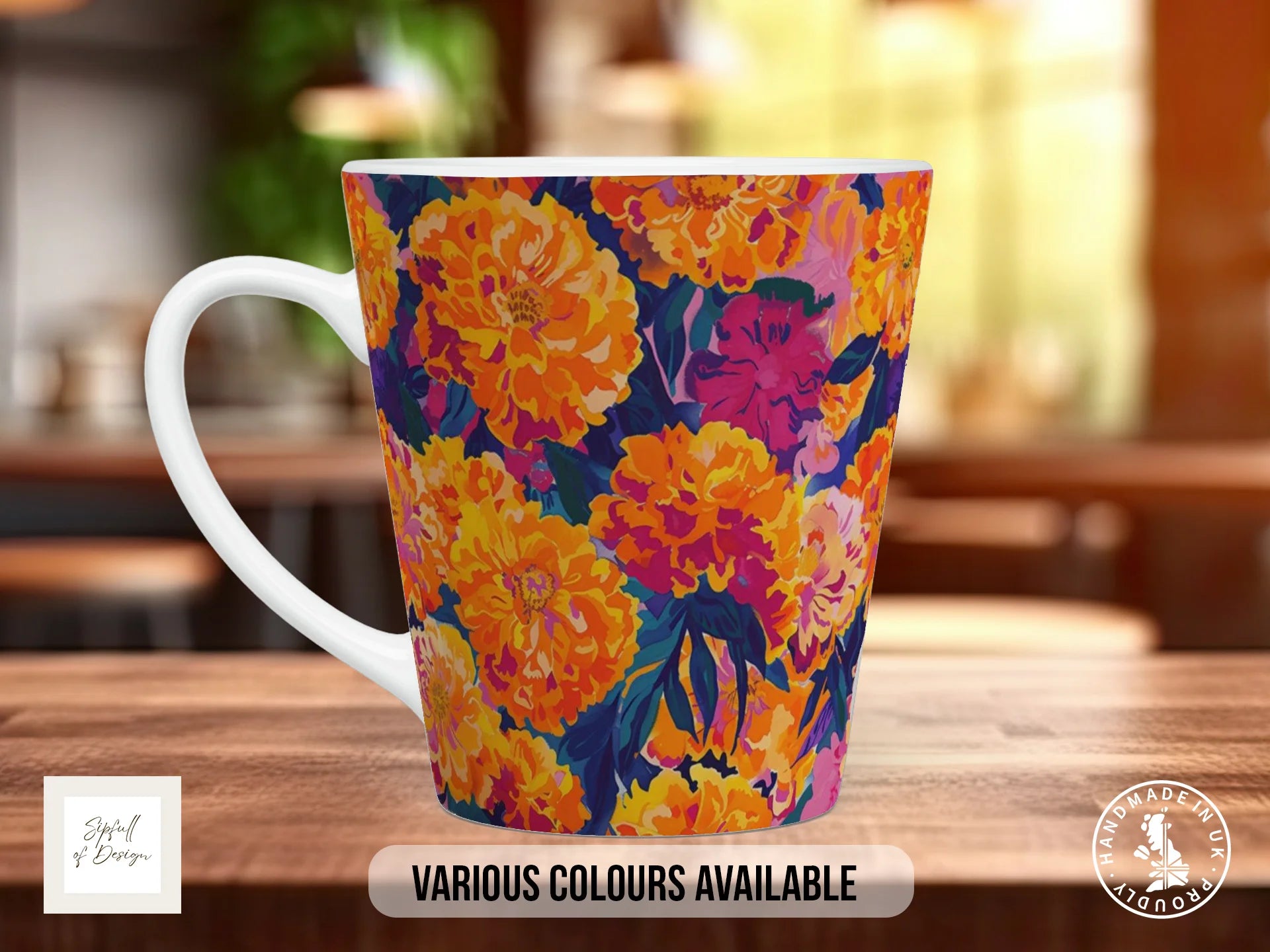Birth Month Flowers Mug – October | Marigold & Cosmos Full-Wrap Design 12oz Latte