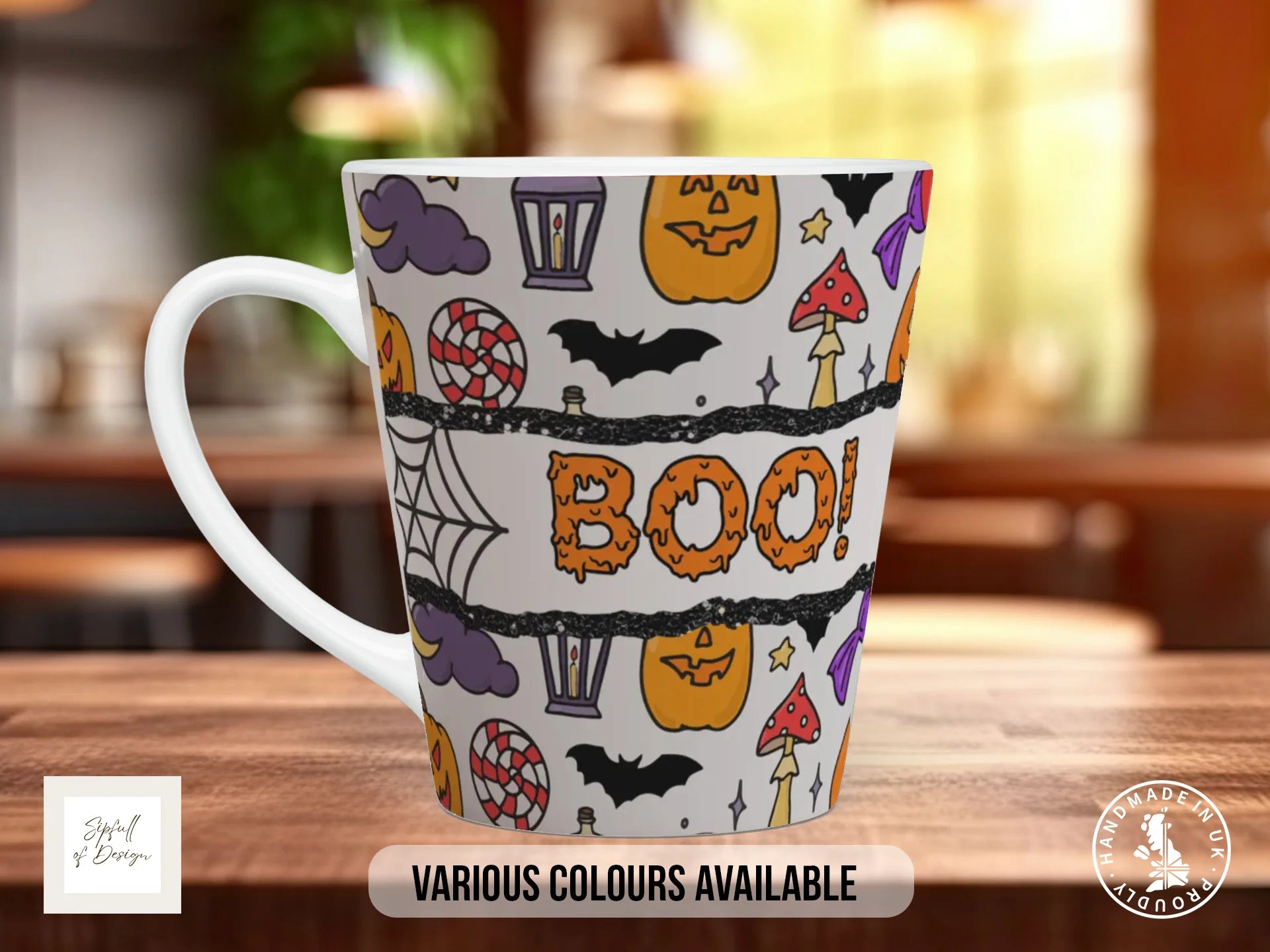BOO! Halloween Mug | Pumpkin, Bats & Spooky Doodle Gift 12oz Latte