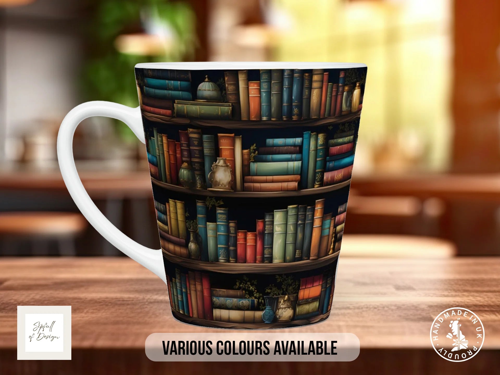Bookshelf Full Wrap Mug – Design 2 | Eclectic Collector's Study | Gift for Book Lovers 12oz Latte