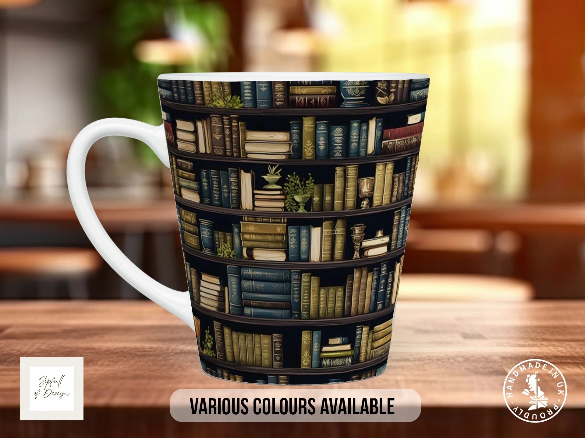 Bookshelf Full Wrap Mug – Design 3 | Grand Country House Library | Gift for Book Lovers 12oz Latte