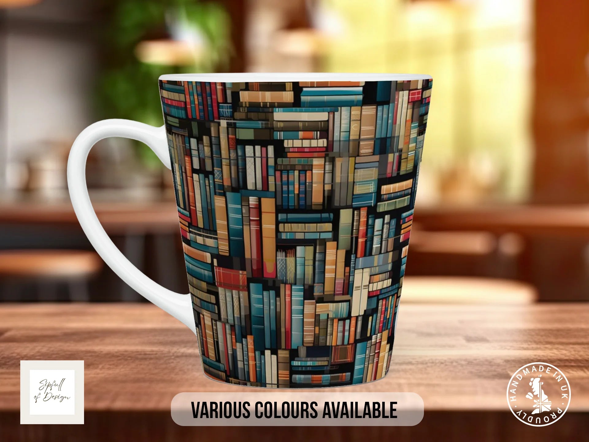 Bookshelf Full Wrap Mug – Design 5 | Stacked Chaos | Gift for Book Lovers 12oz Latte