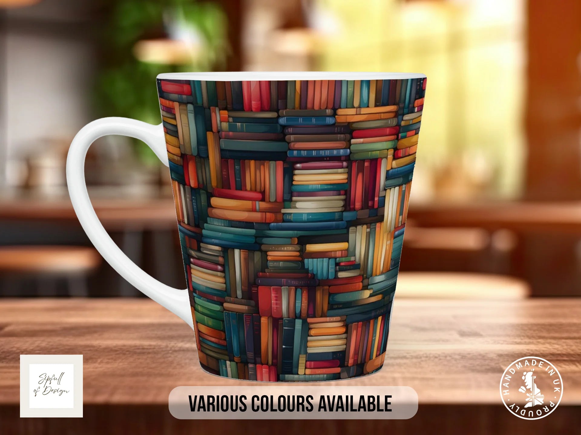 Bookshelf Full Wrap Mug – Design 7 | Geometric Parquet Books | Gift for Book Lovers 12oz Latte