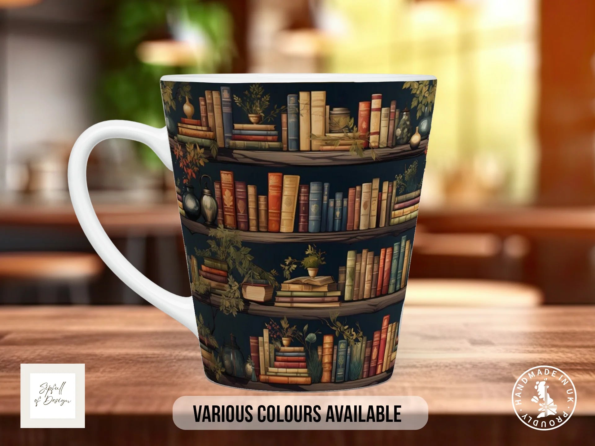 Bookshelf Full Wrap Mug – Design 8 | Botanical Library | Gift for Book Lovers 12oz Latte