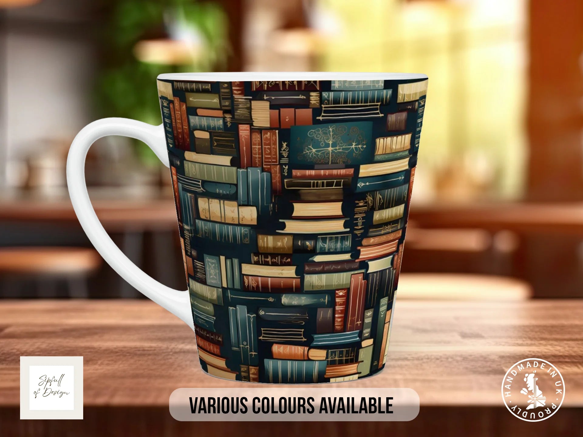 Bookshelf Full Wrap Mug – Design 11 | Ancient Manuscript Collection | Gift for Book Lovers 12oz Latte