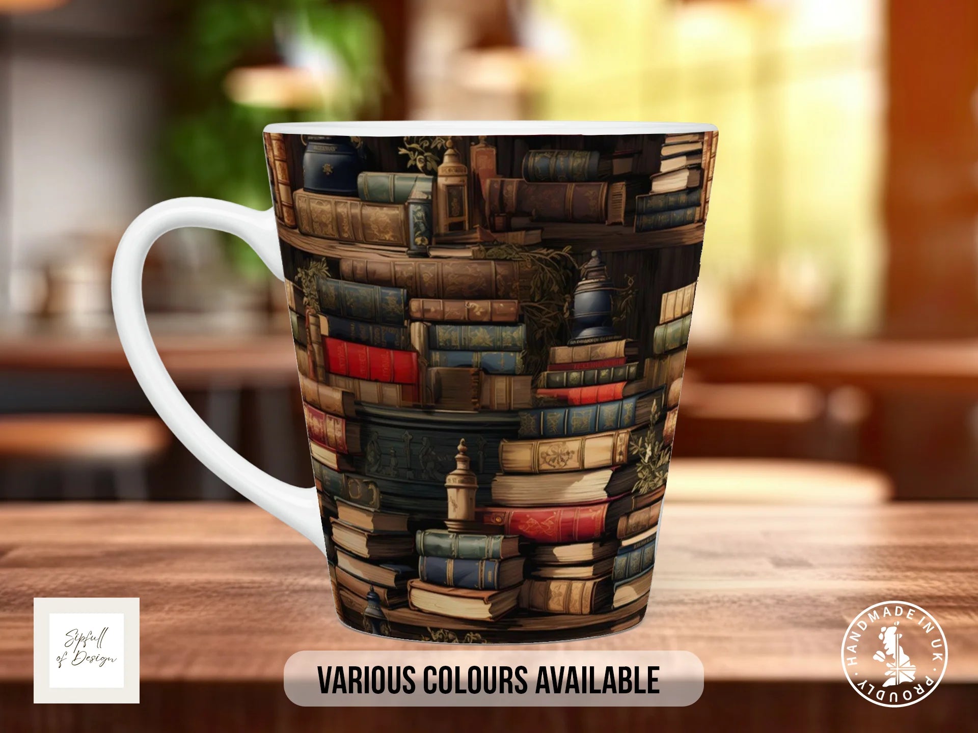 Bookshelf Full Wrap Mug – Design 12 | Scholar's Attic | Gift for Book Lovers 12oz Latte