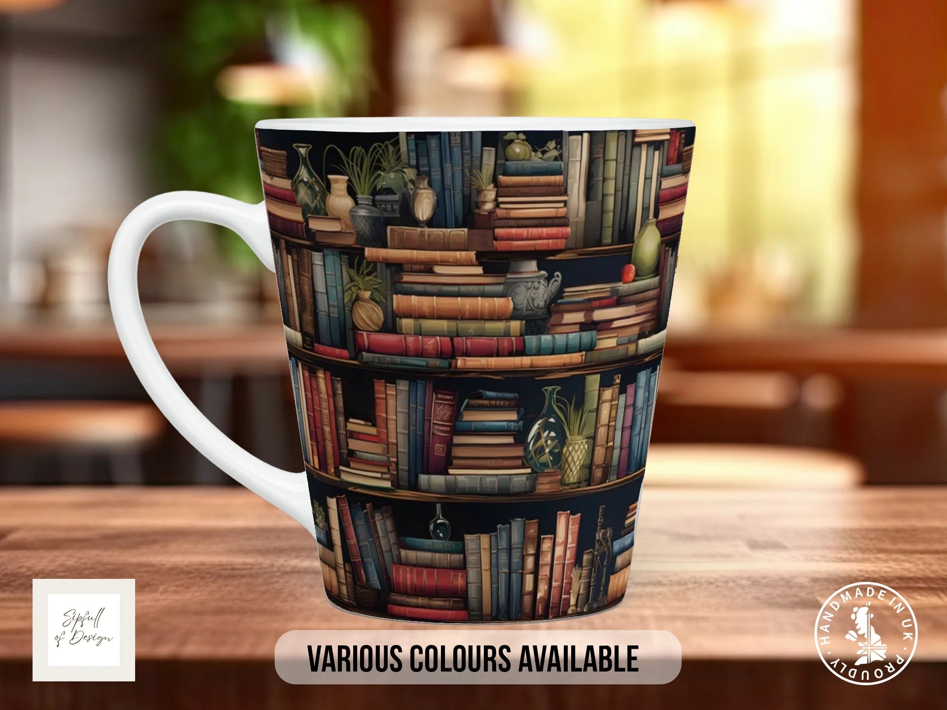 Bookshelf Full Wrap Mug – Design 4 | Curated Antique Study | Gift for Book Lovers 12oz Latte