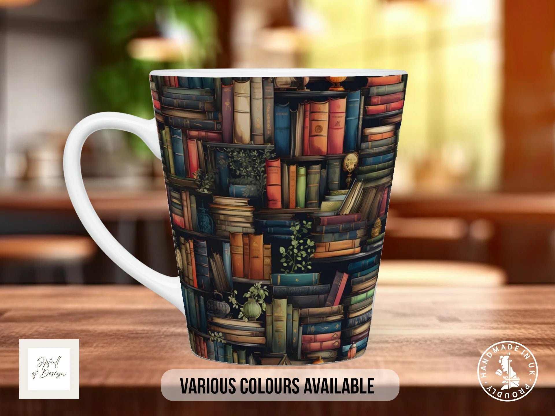Bookshelf Full Wrap Mug – Design 10 | Whimsical Stacked Library | Gift for Book Lovers 12oz Latte