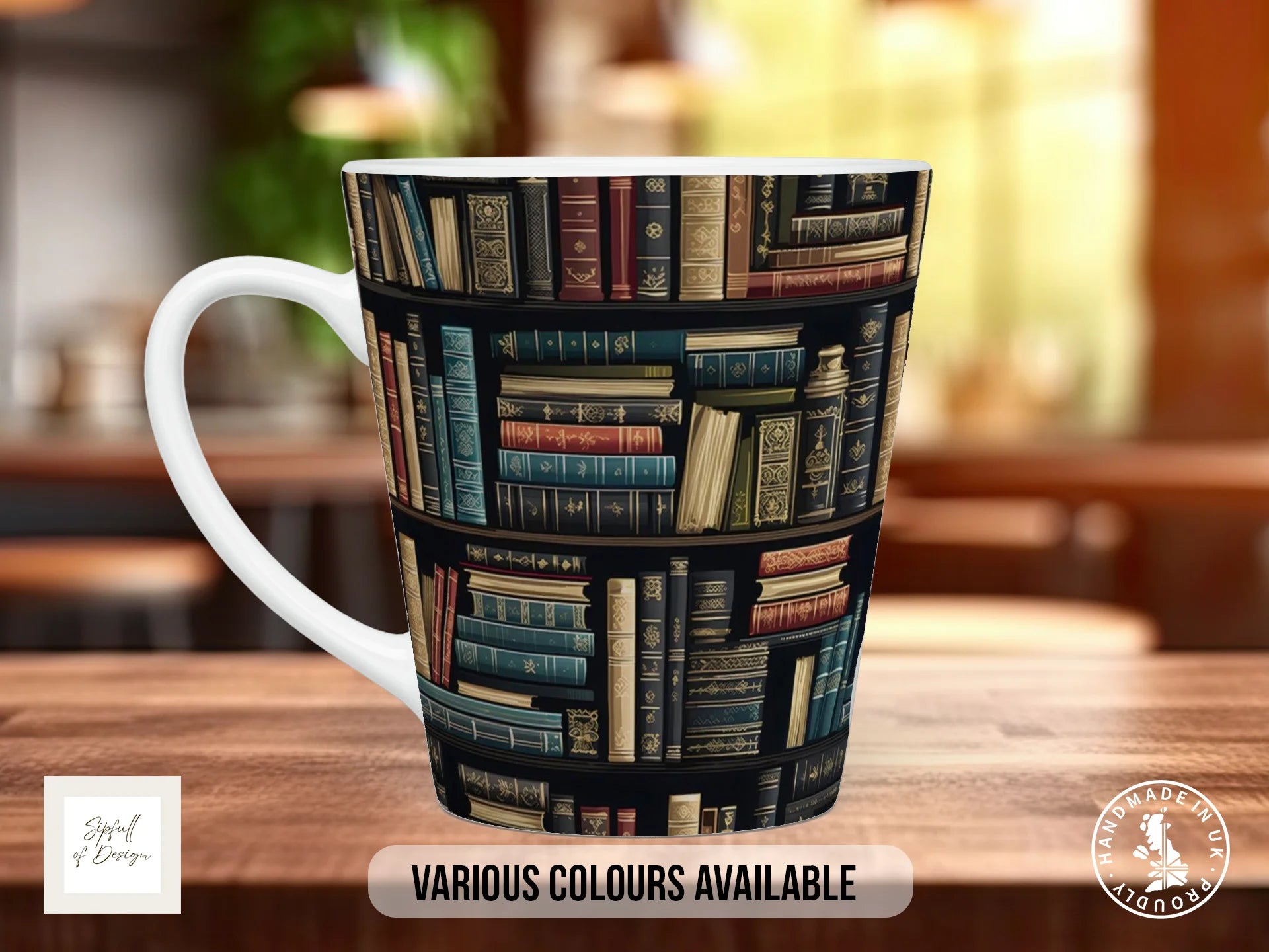 Bookshelf Full Wrap Mug – Design 1 | Dark Library | Gift for Book Lovers 12oz Latte