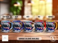 a row of five colorful mugs, each with a different color and design, arranged on a wooden surface.
