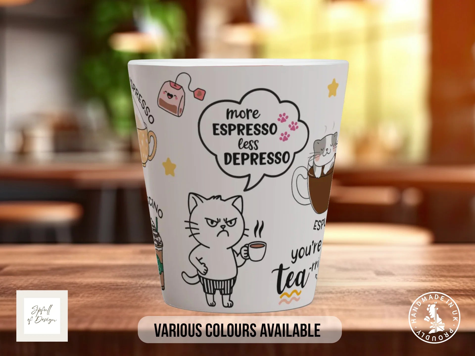 Caffeine Cats Mug | Funny Cat Lover Coffee Cup with Espresso Puns 12oz Latte