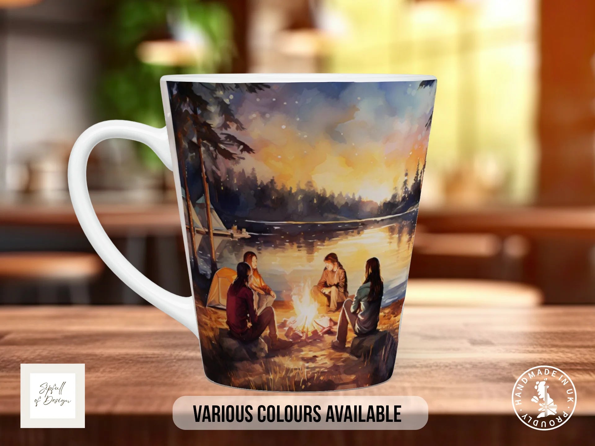 Camping Campfire Mug – Ceramic Coffee Mug with Watercolor Friends Design 12oz Latte