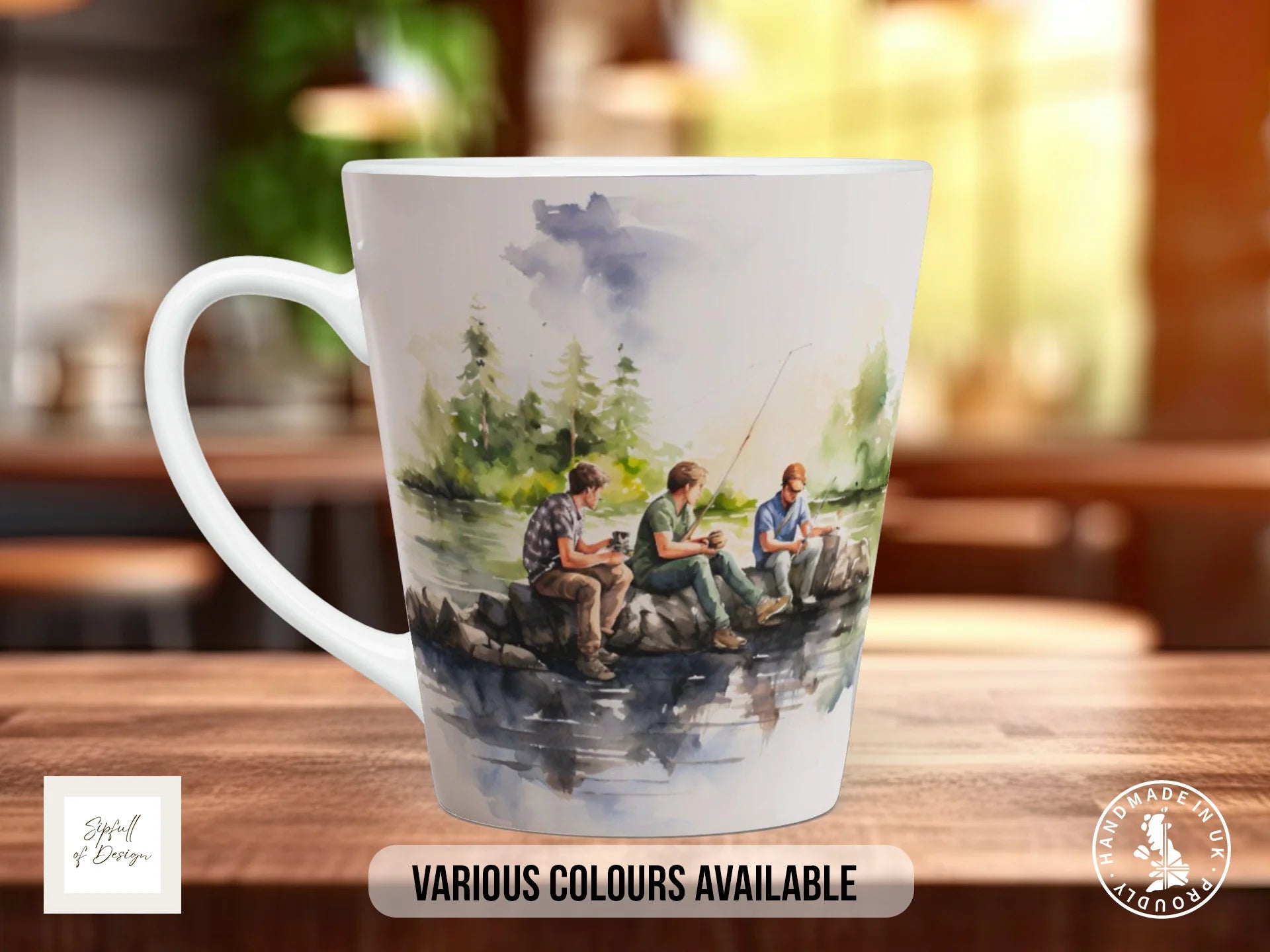 Camping Friends Fishing - Coloured 11oz, Bone China 10oz and 15oz and Latte 12oz options. 12oz Latte