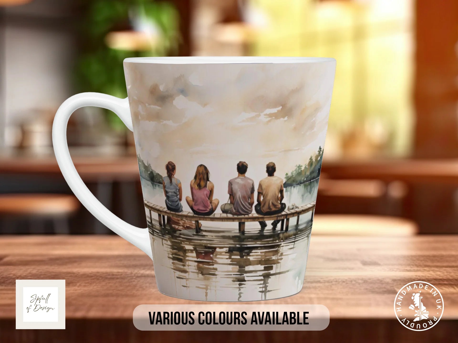 Camping Friends Mug – Colourful Ceramic Coffee Mug with Lake View and Rustic Style 12oz Latte