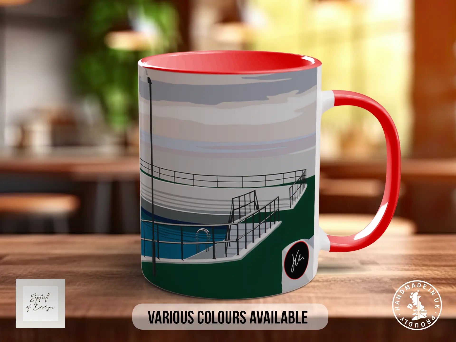 A red and white mug with a graphic design depicting a swimming pool and a red railing.