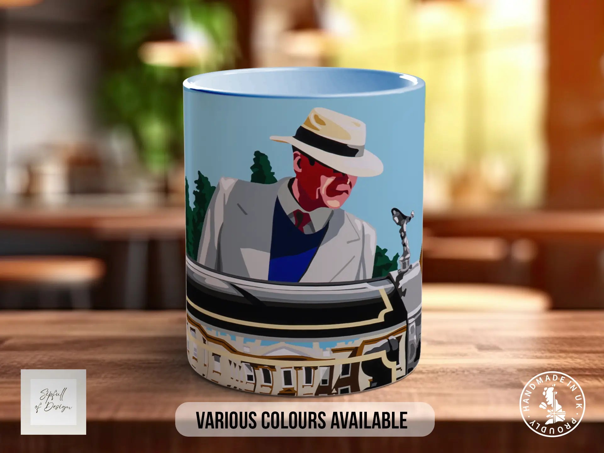 A mug with an illustration of a man wearing a hat and suit, sitting in front of a building.
