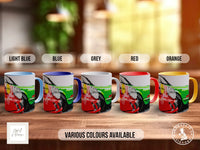 a collection of five colorful mugs, each with a different color and design, arranged on a wooden surface.