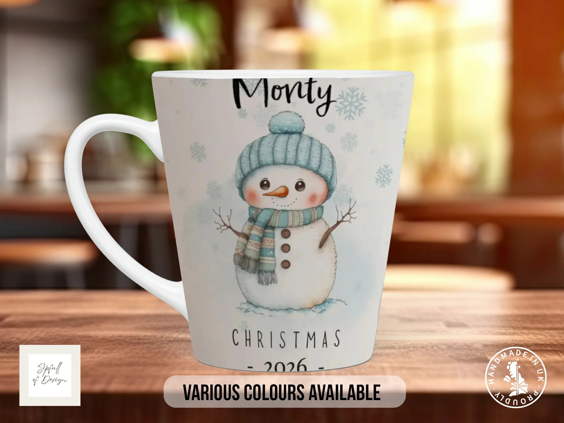 Personalised Blue Snowman Christmas Mug | Name & Year Gift 12oz Latte
