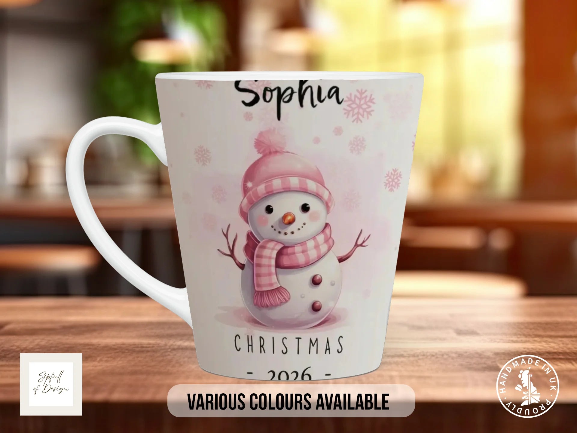 Personalised Pink Snowman Christmas Mug | Name & Year Gift 12oz Latte