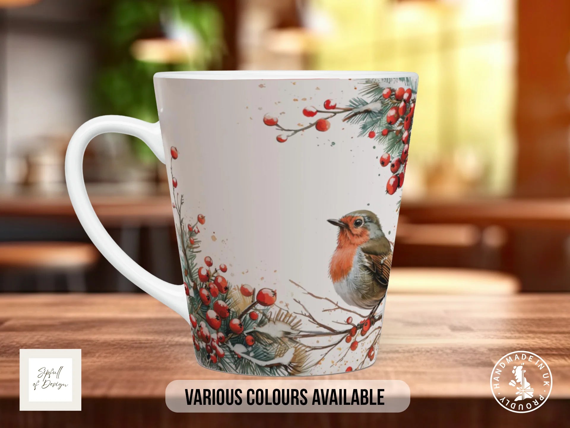 Christmas Robin Mug | Watercolour Berry & Pine Garland Design 12oz Latte