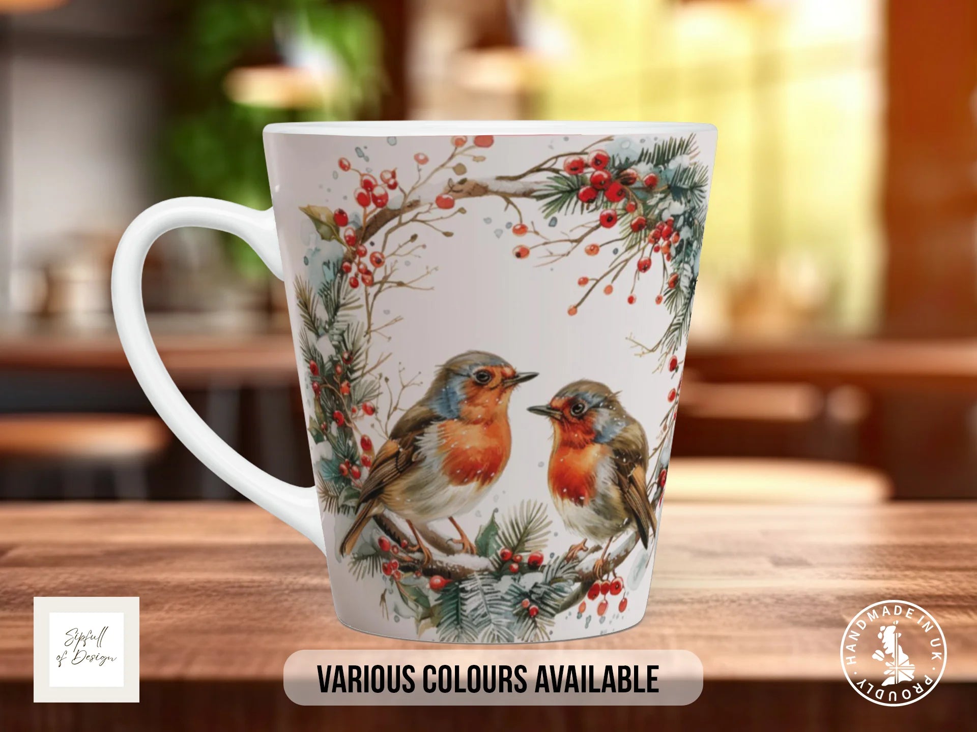 Christmas Robins Mug | Watercolour Garland Design 12oz Latte