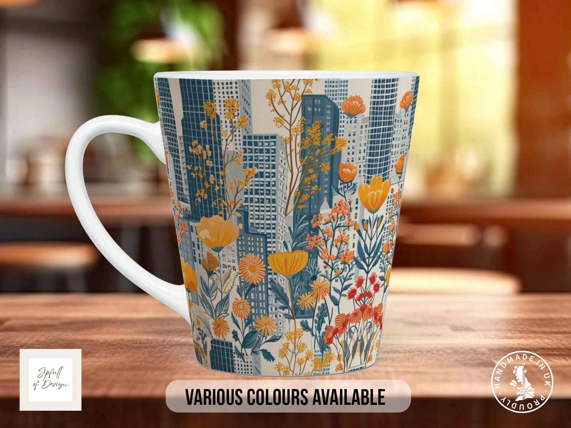 Cityscape Wildflower Full Wrap Mug – Design 11 | City in Full Bloom | Floral Art Mug 12oz Latte