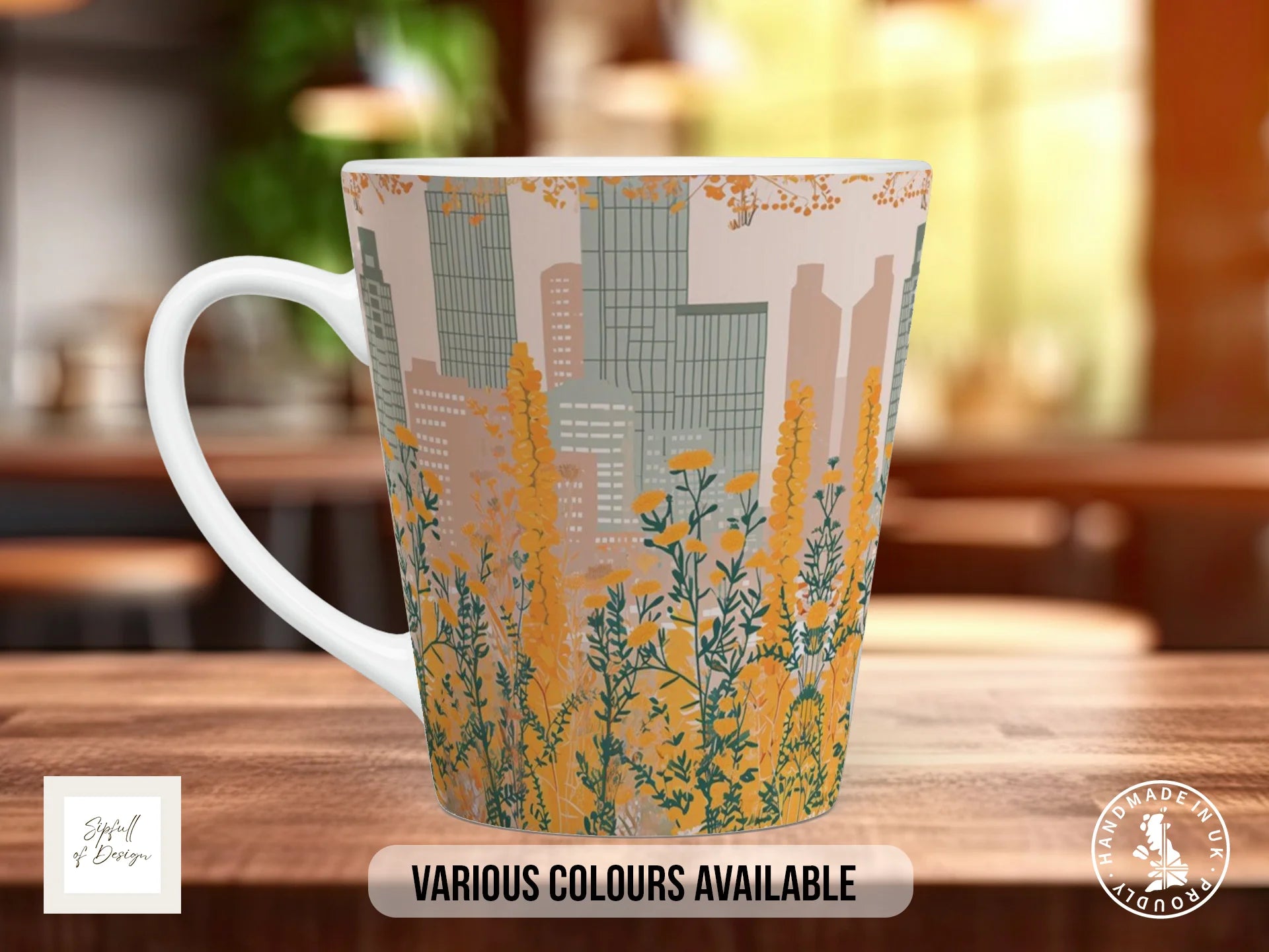 Cityscape Wildflower Full Wrap Mug – Design 12 | Golden Hour City | Floral Art Mug 12oz Latte
