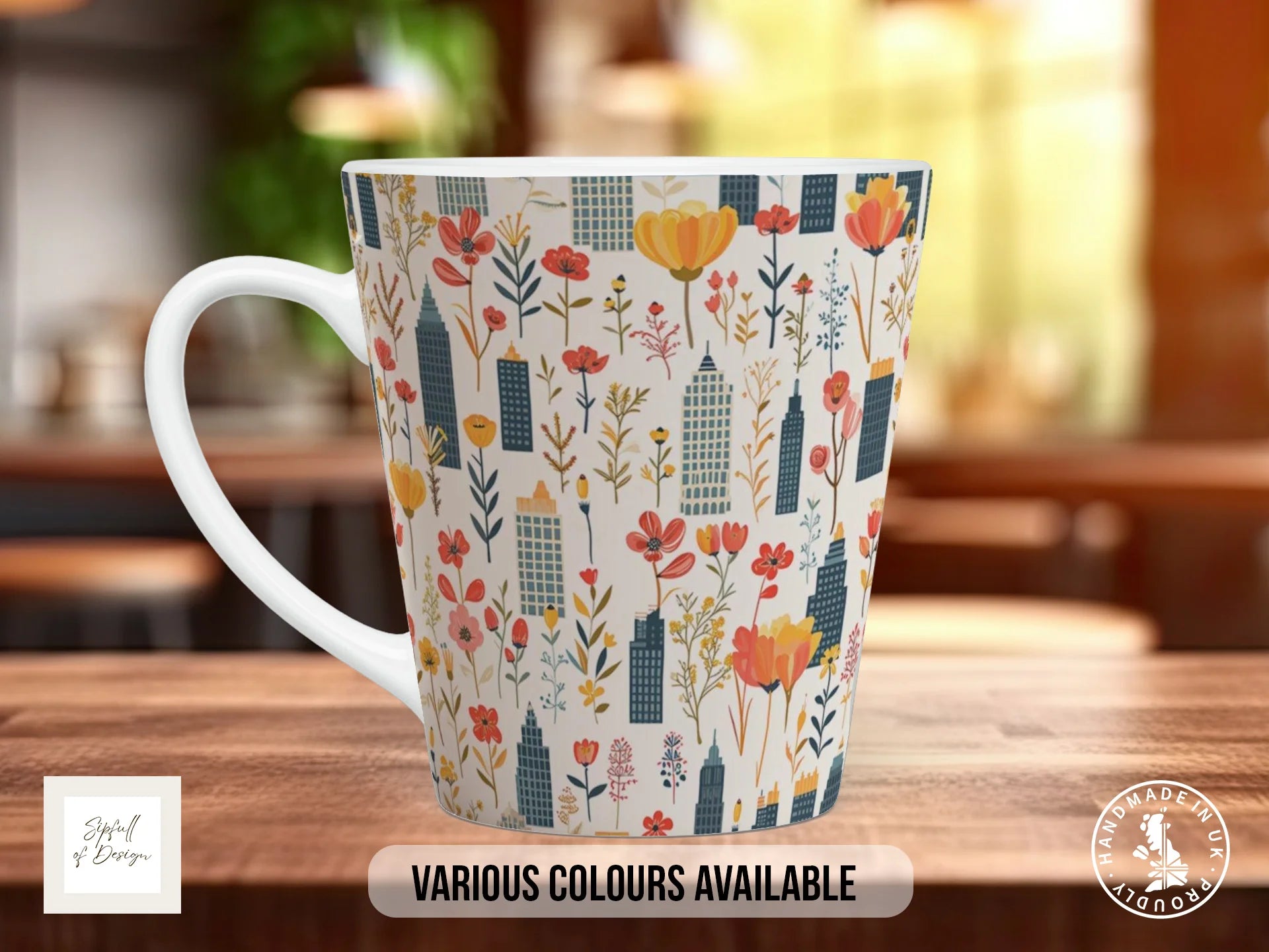 Cityscape Wildflower Full Wrap Mug – Design 4 | Art Deco Wildflower City | Floral Art Mug 12oz Latte