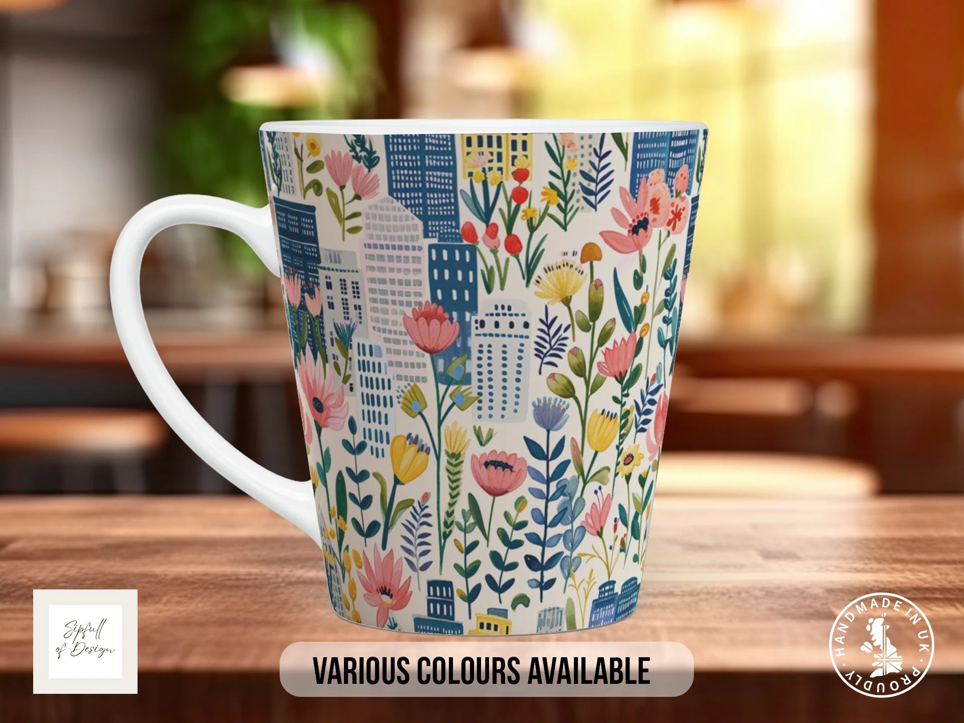 Cityscape Wildflower Full Wrap Mug – Design 1 | Spring City Meadow | Floral Art Mug 12oz Latte