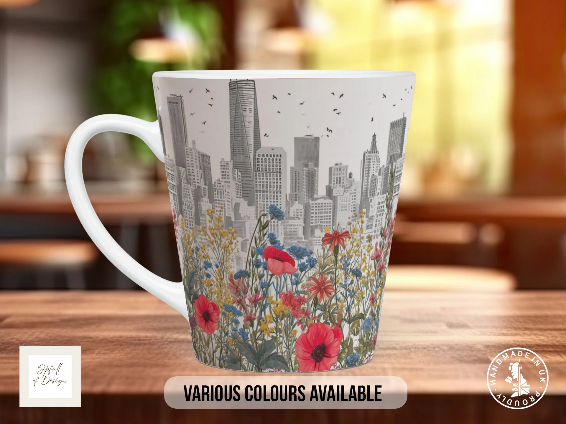 Cityscape Wildflower Full Wrap Mug – Design 2 | Pencil Skyline & Poppies | Floral Art Mug 12oz Latte