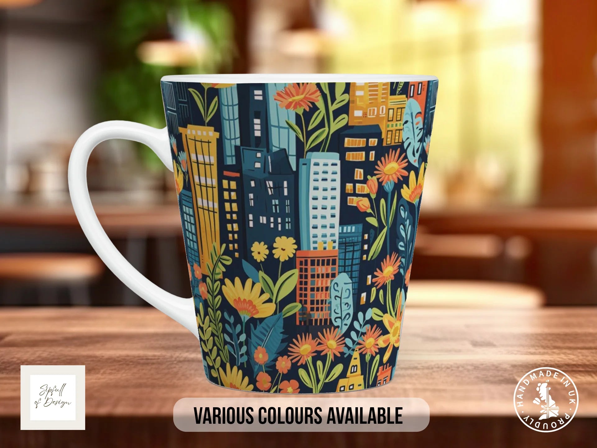 Cityscape Wildflower Full Wrap Mug – Design 3 | Midnight Jungle City | Floral Art Mug 12oz Latte