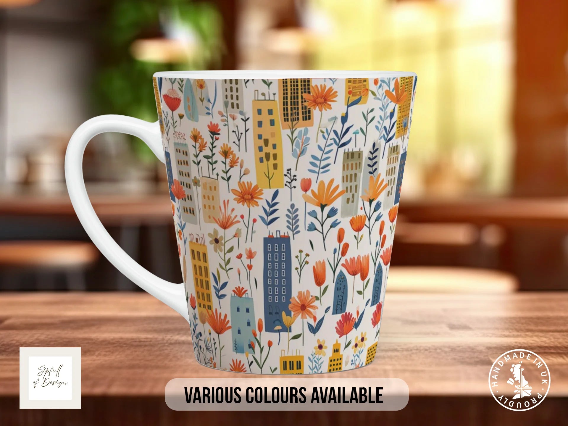 Cityscape Wildflower Full Wrap Mug – Design 6 | Playful Picture Book City | Floral Art Mug 12oz Latte