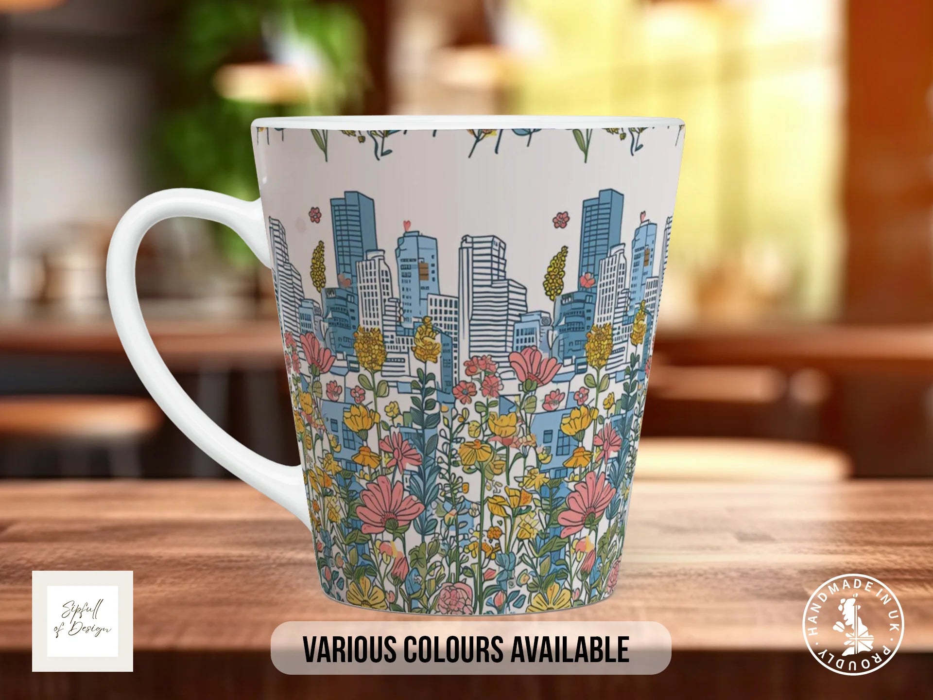 Cityscape Wildflower Full Wrap Mug – Design 7 | Layered Skyline & Meadow | Floral Art Mug 12oz Latte