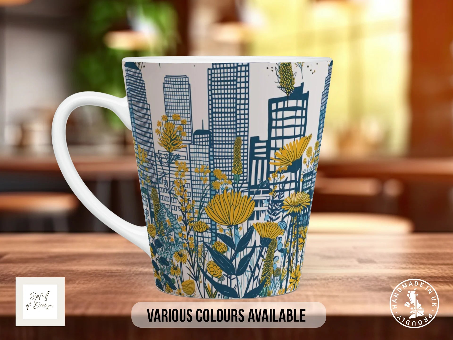 Cityscape Wildflower Full Wrap Mug – Design 8 | Teal Linocut City | Floral Art Mug 12oz Latte