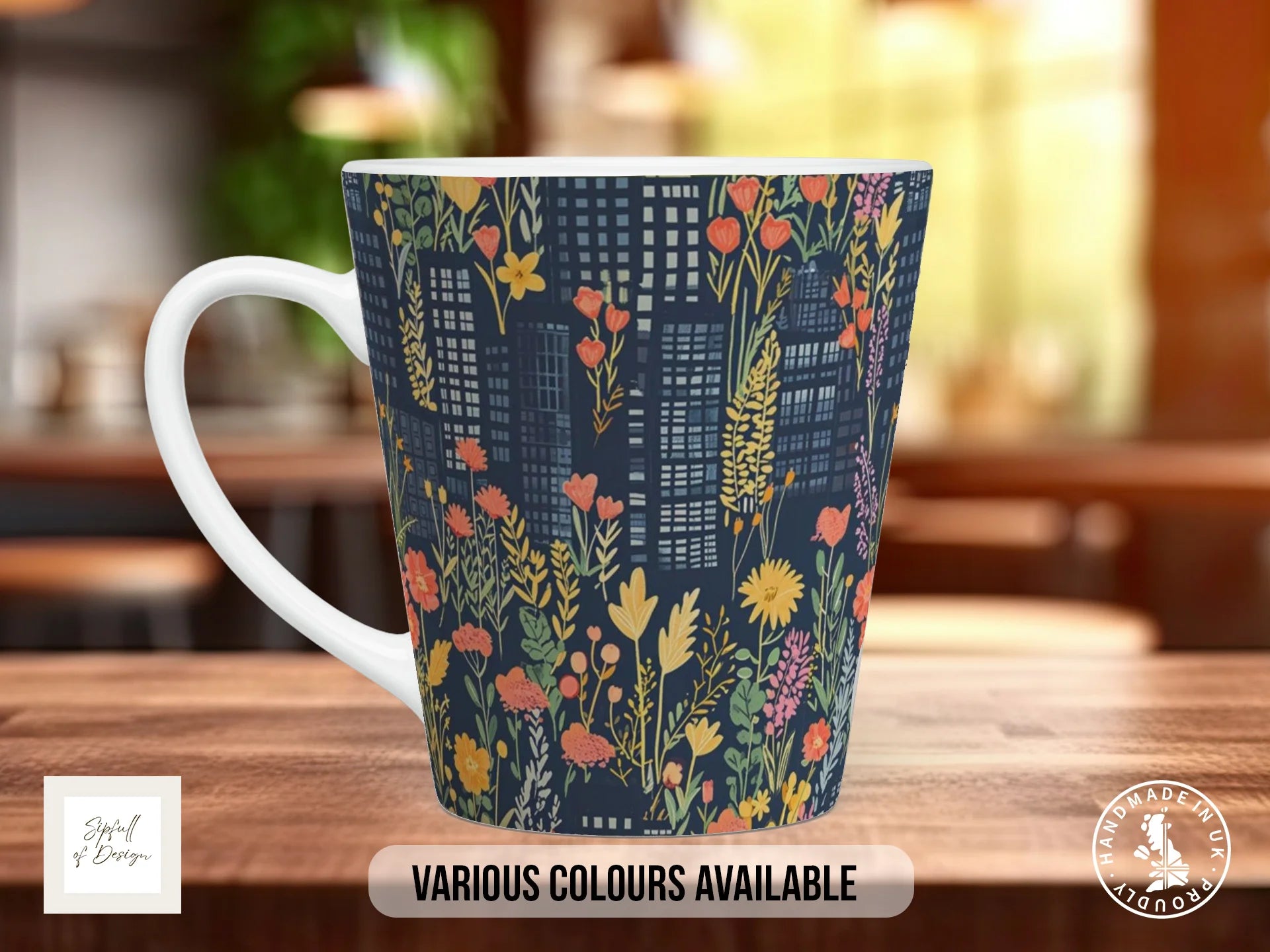 Cityscape Wildflower Full Wrap Mug – Design 10 | Midnight Wildflower City | Floral Art Mug 12oz Latte