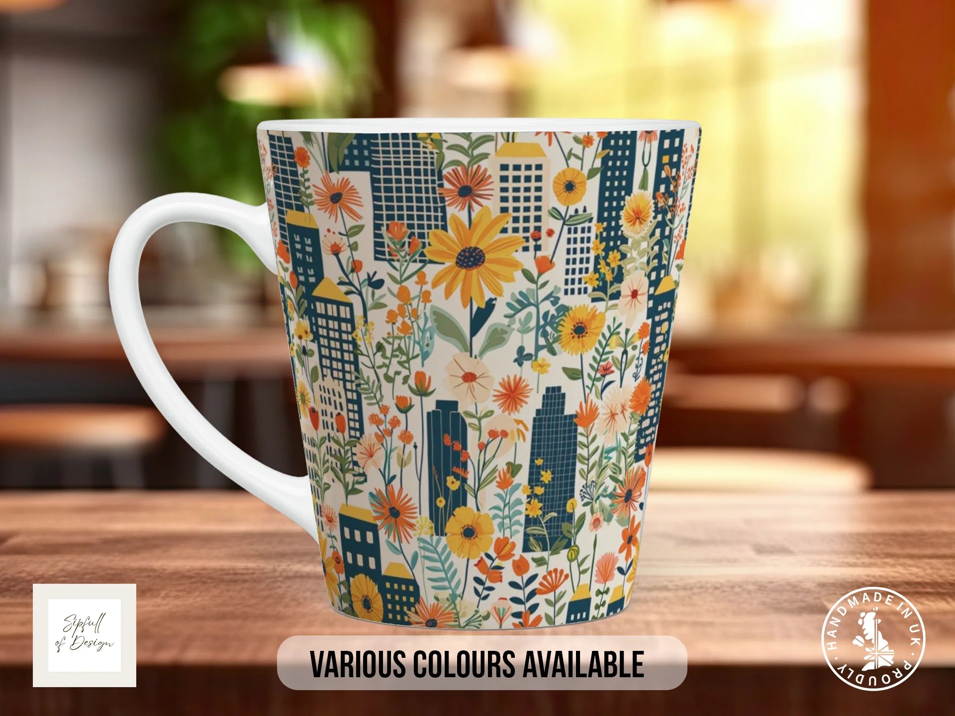Cityscape Wildflower Full Wrap Mug – Design 9 | Late Summer City | Floral Art Mug 12oz Latte