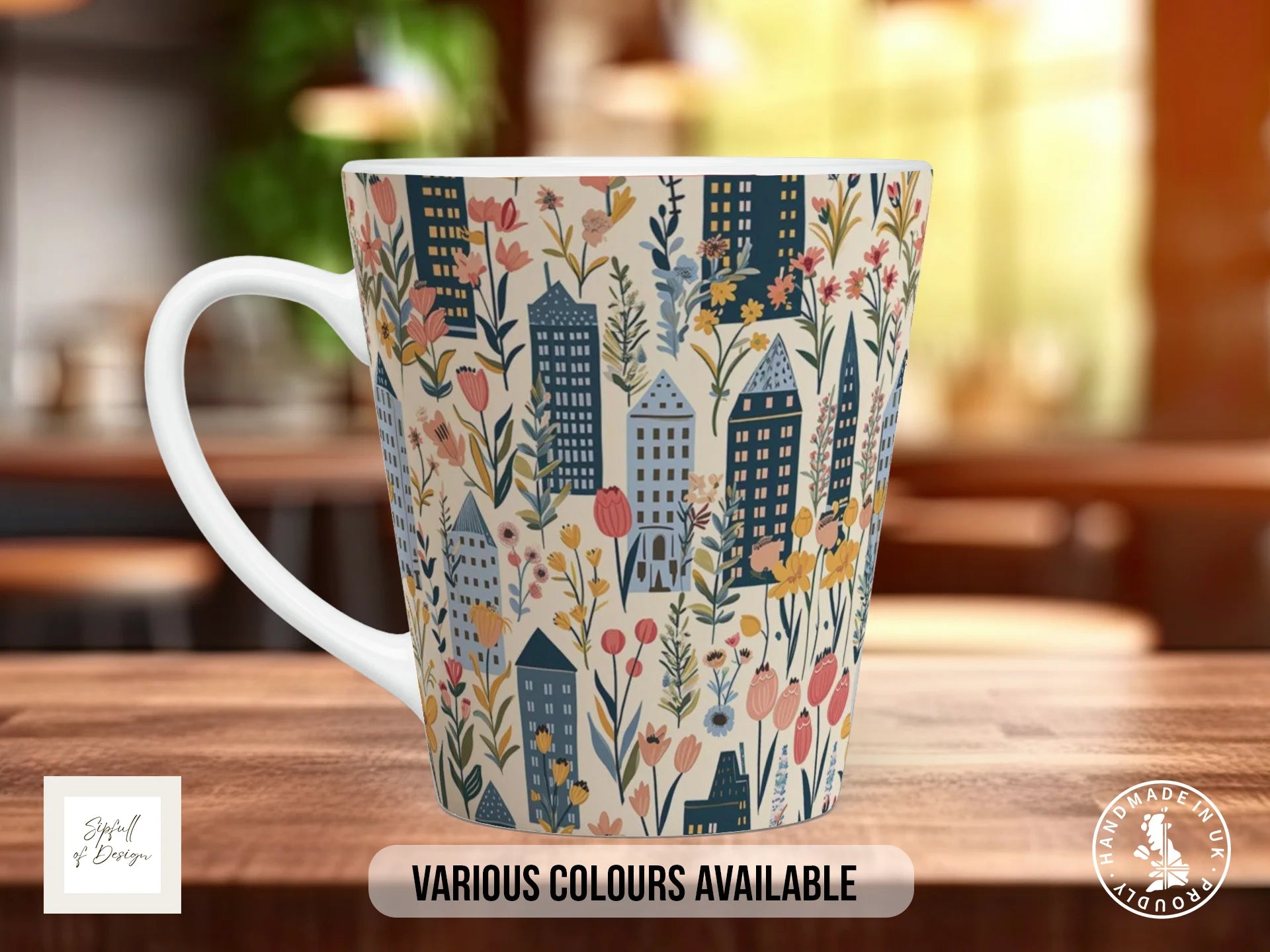 Cityscape Wildflower Full Wrap Mug – Design 13 | Scandinavian Folk Village | Floral Art Mug 12oz Latte