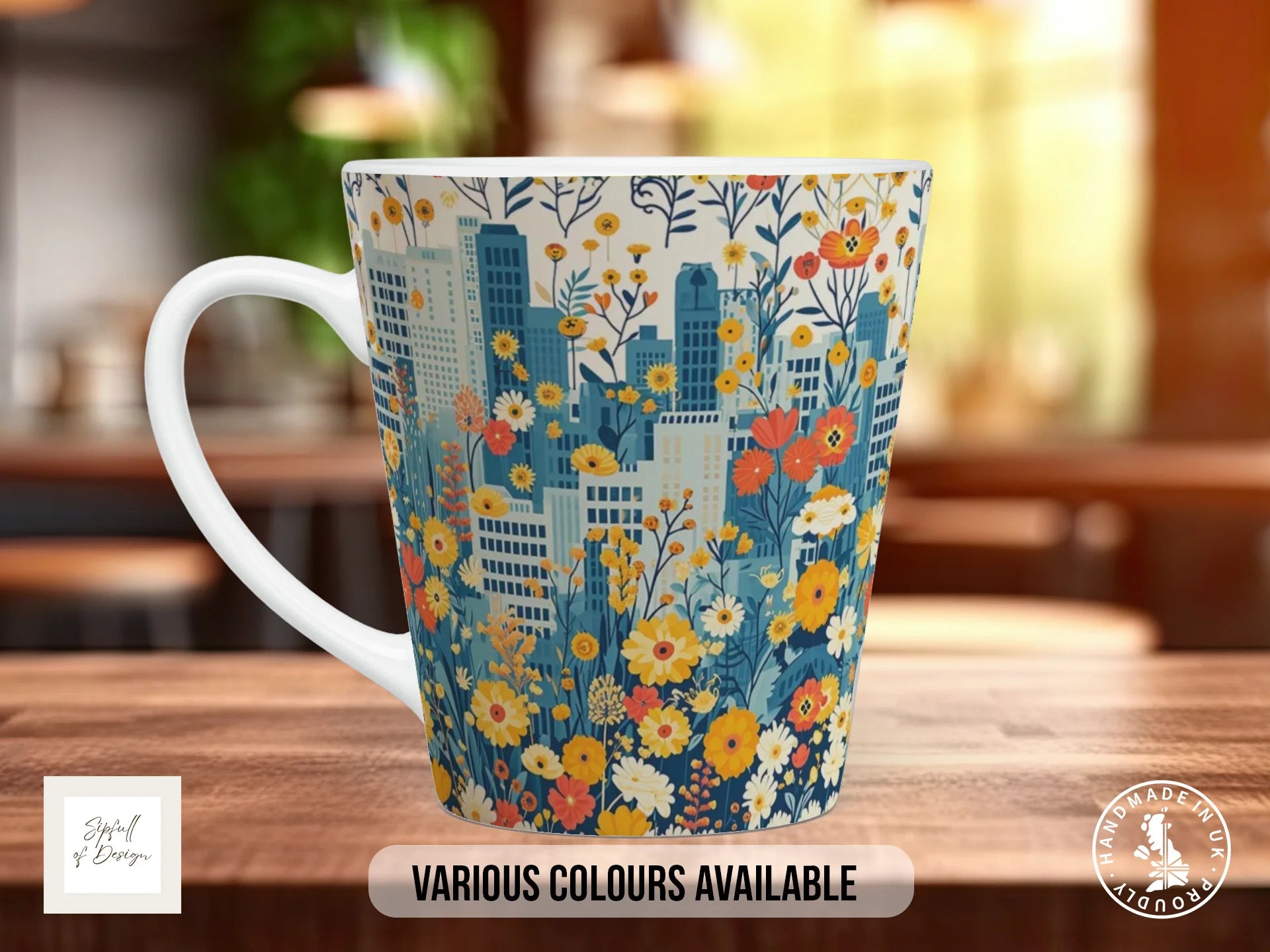 Cityscape Wildflower Full Wrap Mug – Design 14 | Teal City in Bloom | Floral Art Mug 12oz Latte