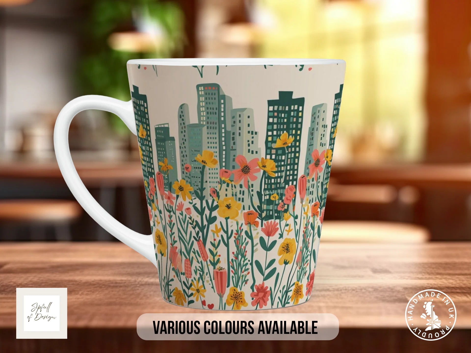 Cityscape Wildflower Full Wrap Mug – Design 15 | Classic Skyline & Spring Meadow | Floral Art Mug 12oz Latte