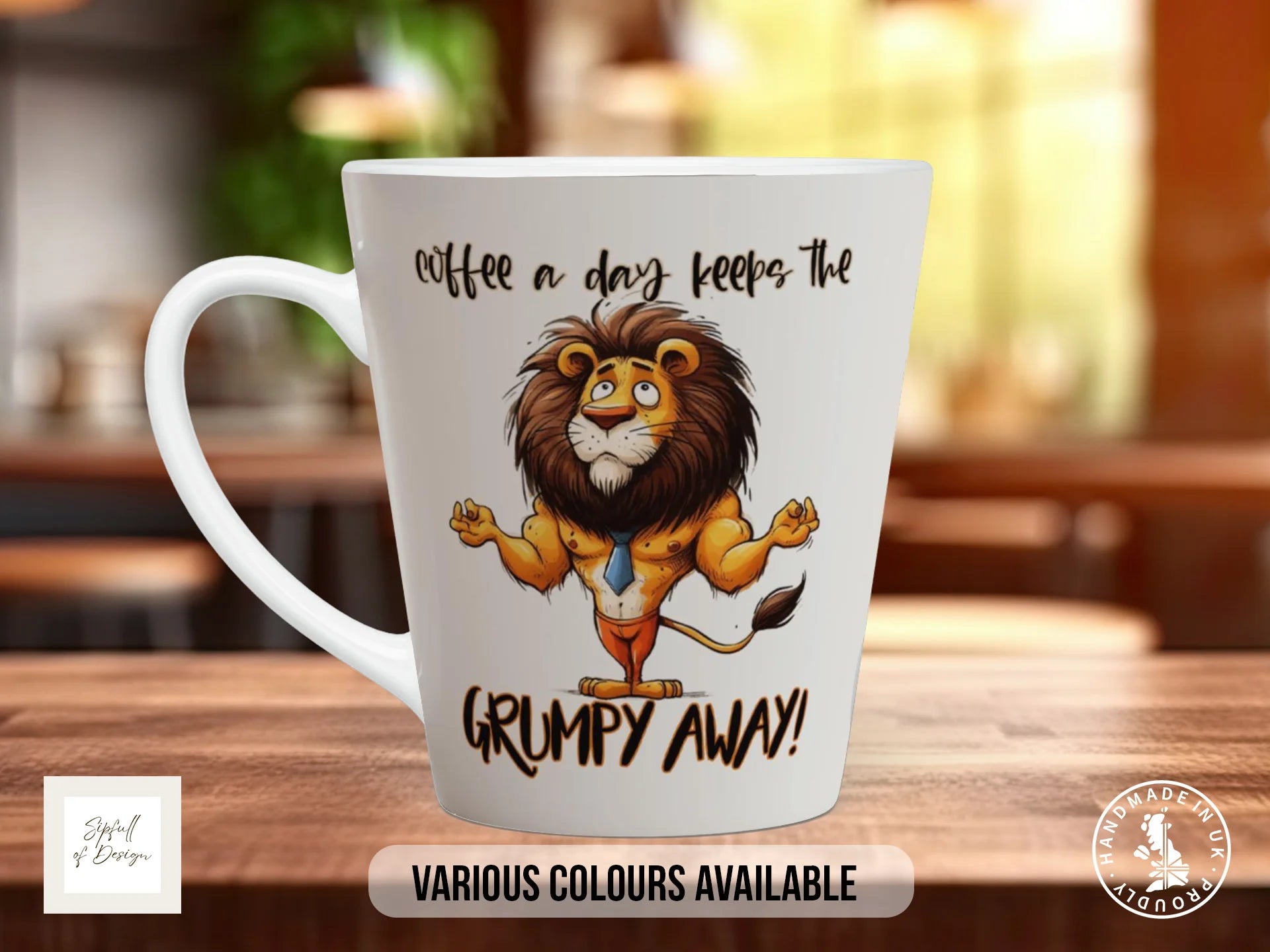 Coffee a Day Keeps the Grumpy Away Lion Mug | Funny Gift 12oz Latte