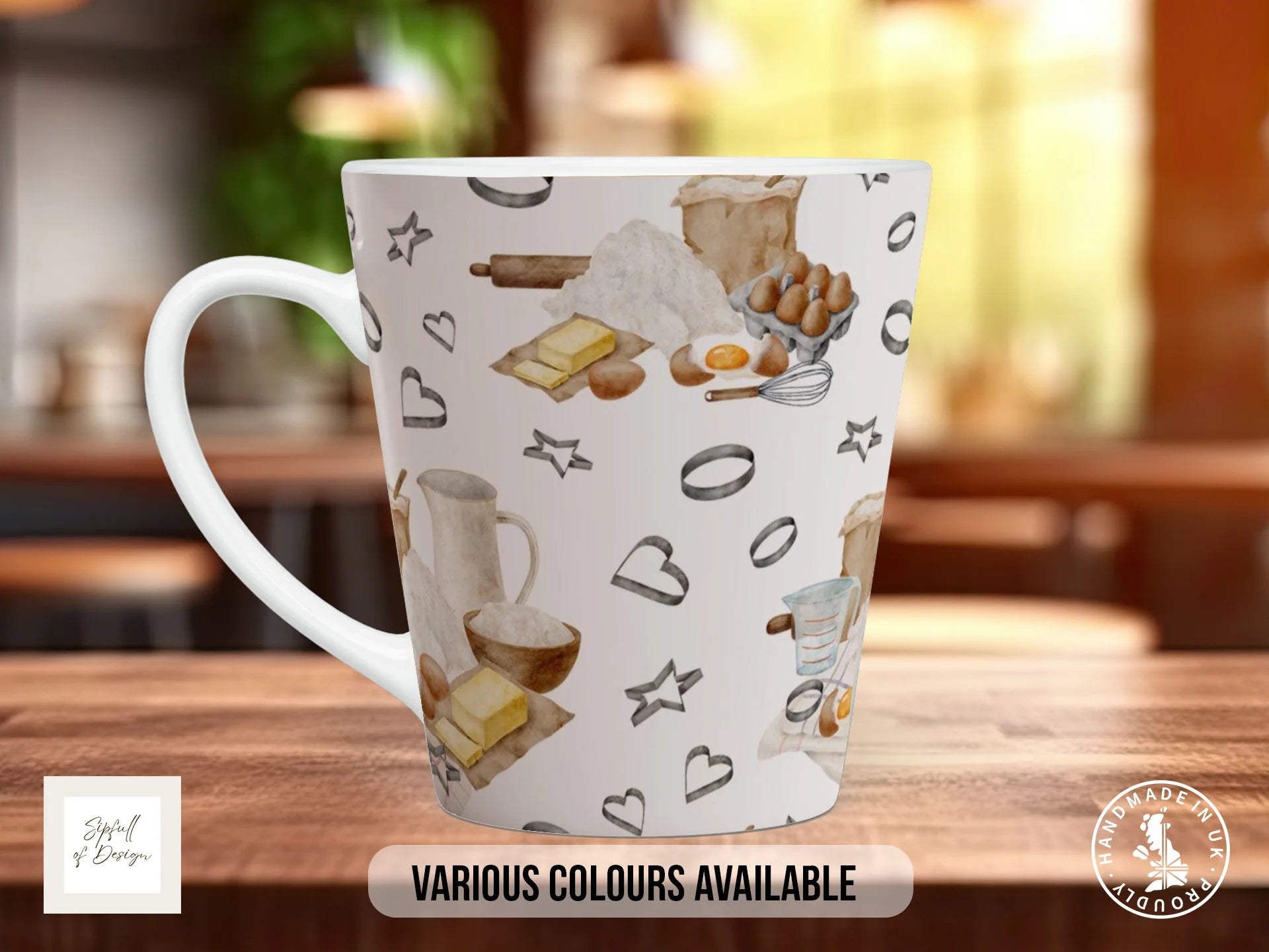 Cookie Cutter & Baking Scene Mug | Watercolour Ingredients Full Wrap Design 12oz Latte