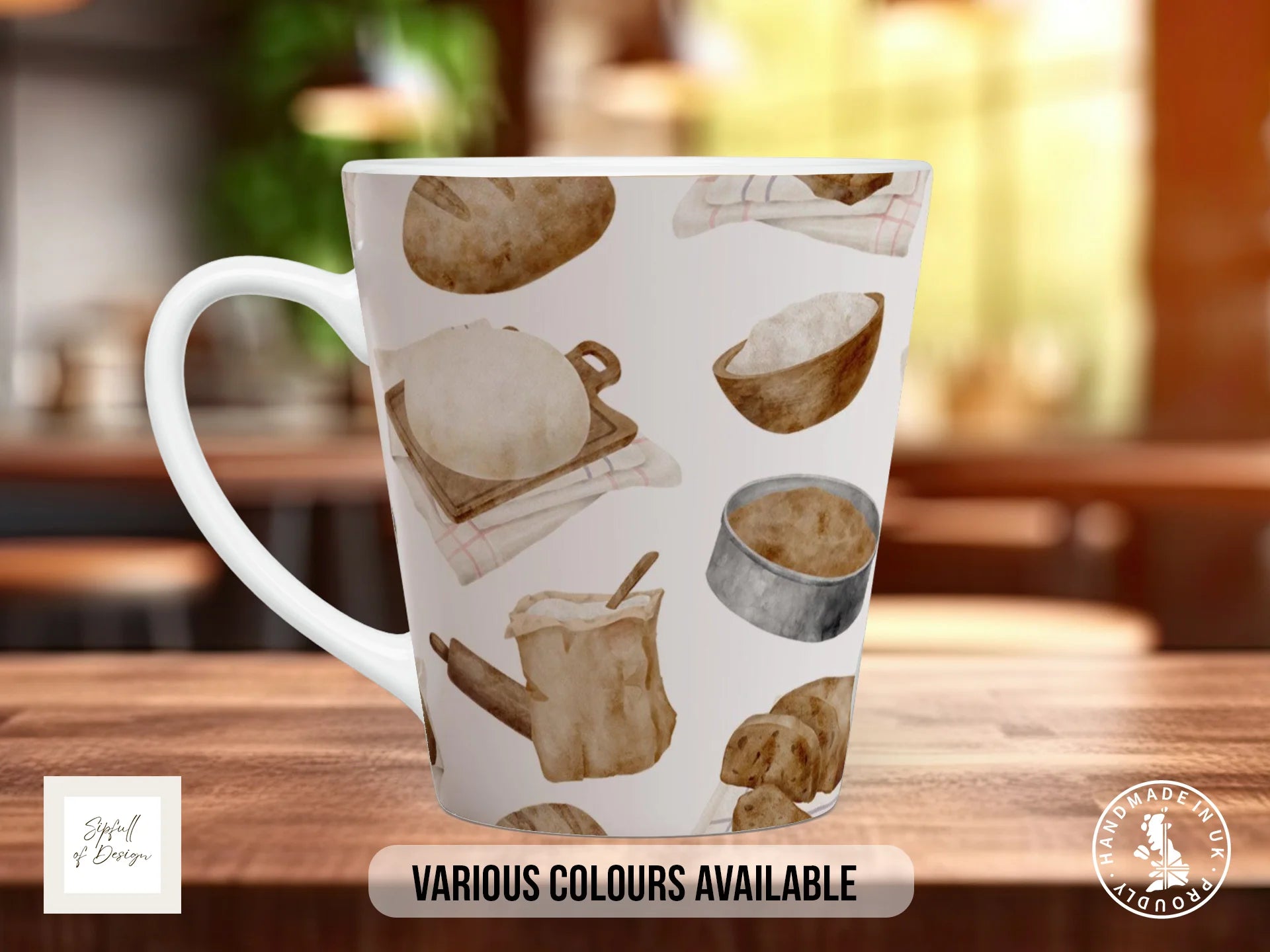 Dough & Bread Making Mug | Watercolour Artisan Baking Full Wrap Design 12oz Latte