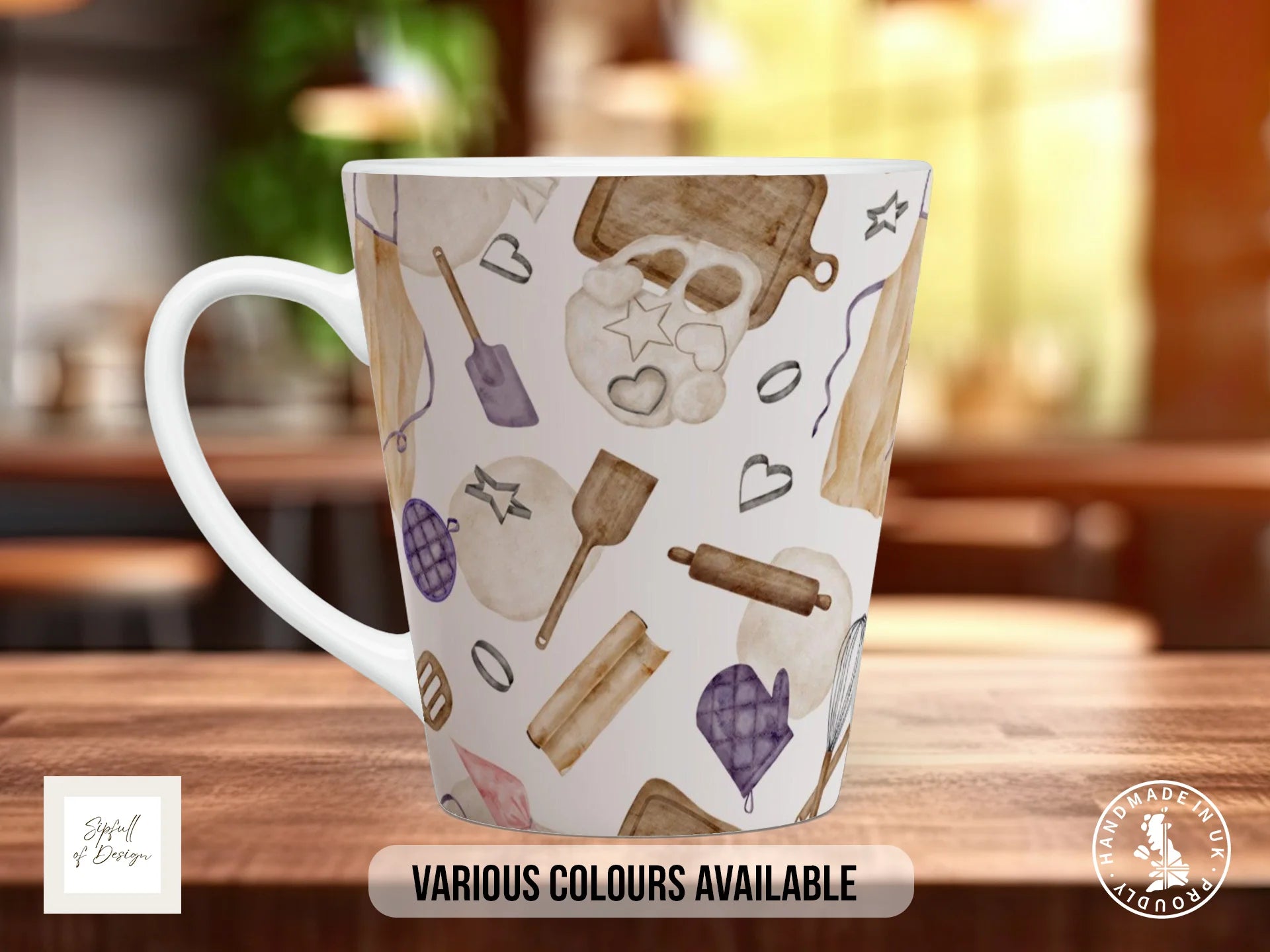 Rolling Pin & Dough Board Mug | Watercolour Baking Tools Full Wrap Design 12oz Latte
