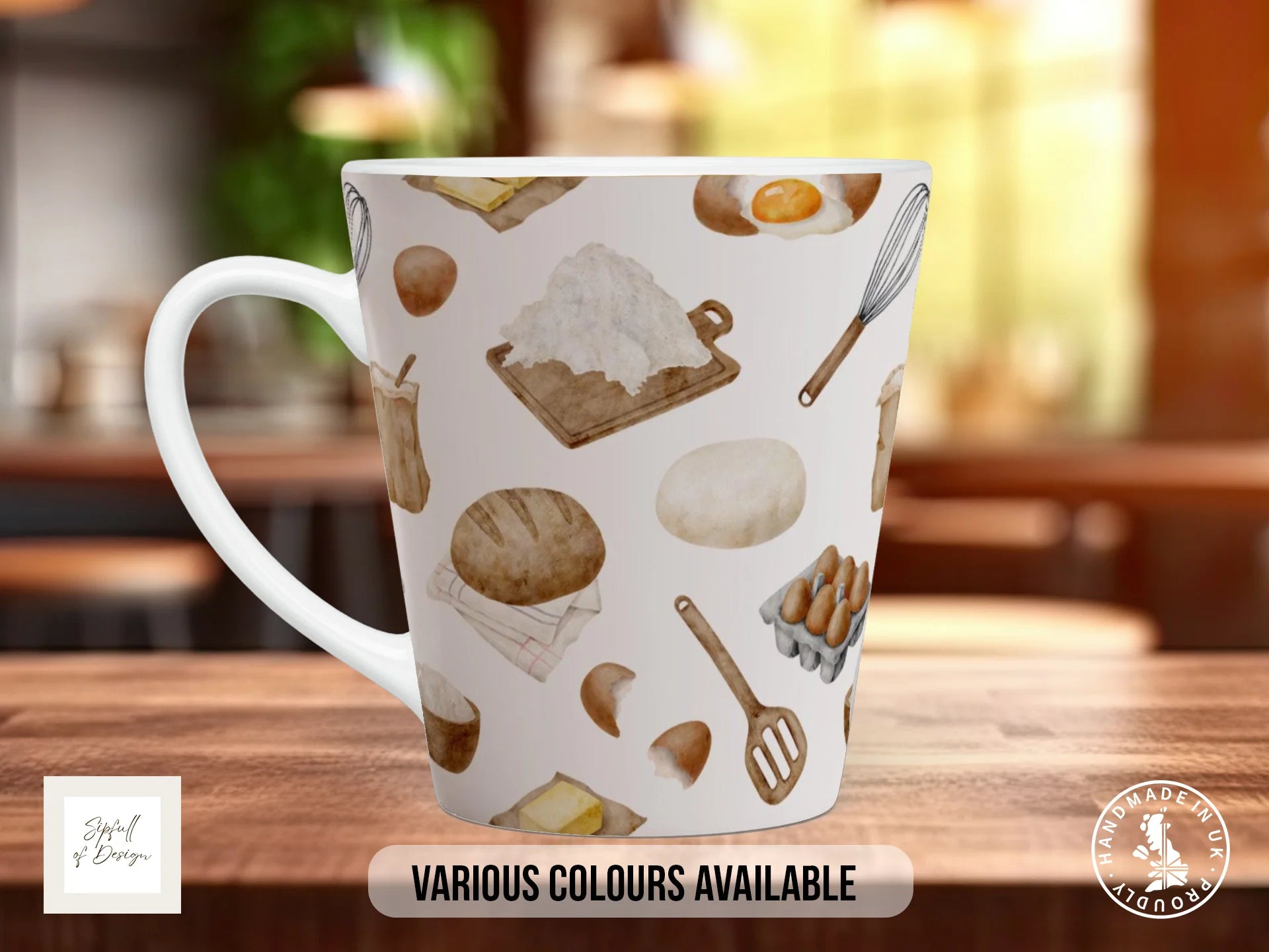 Bread & Baking Mug | Watercolour Loaf, Eggs & Flour Full Wrap Design 12oz Latte