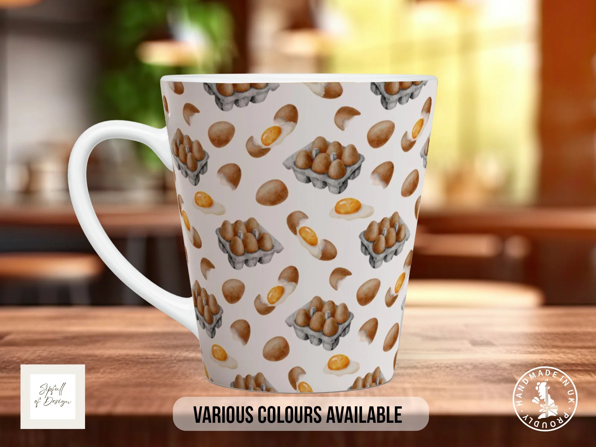 Egg Pattern Mug | Watercolour Egg Box & Cracked Egg Full Wrap Design 12oz Latte