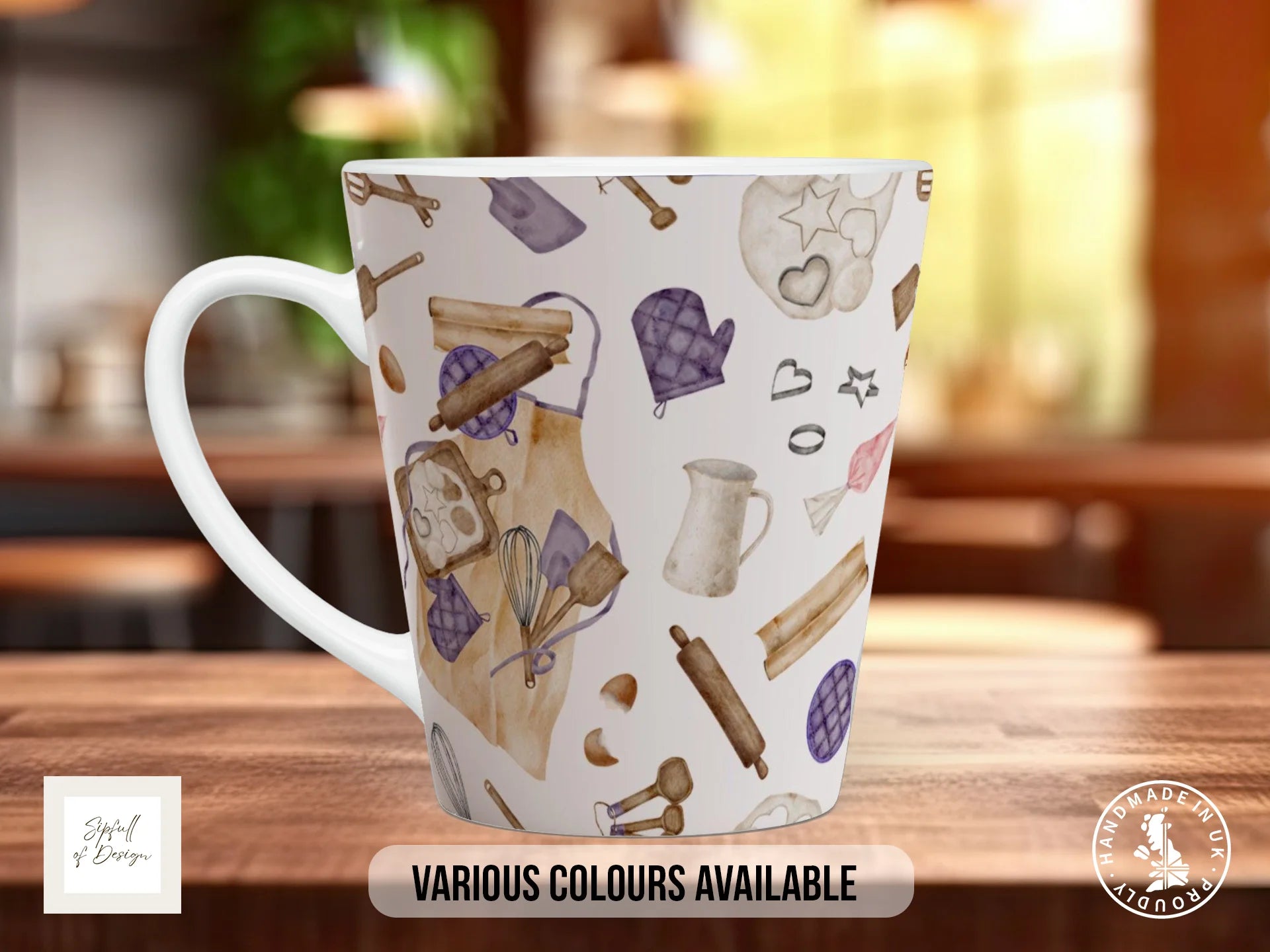 Baker's Kitchen Mug | Oven Mitts, Cookie Cutters & Rolling Pin Design 12oz Latte