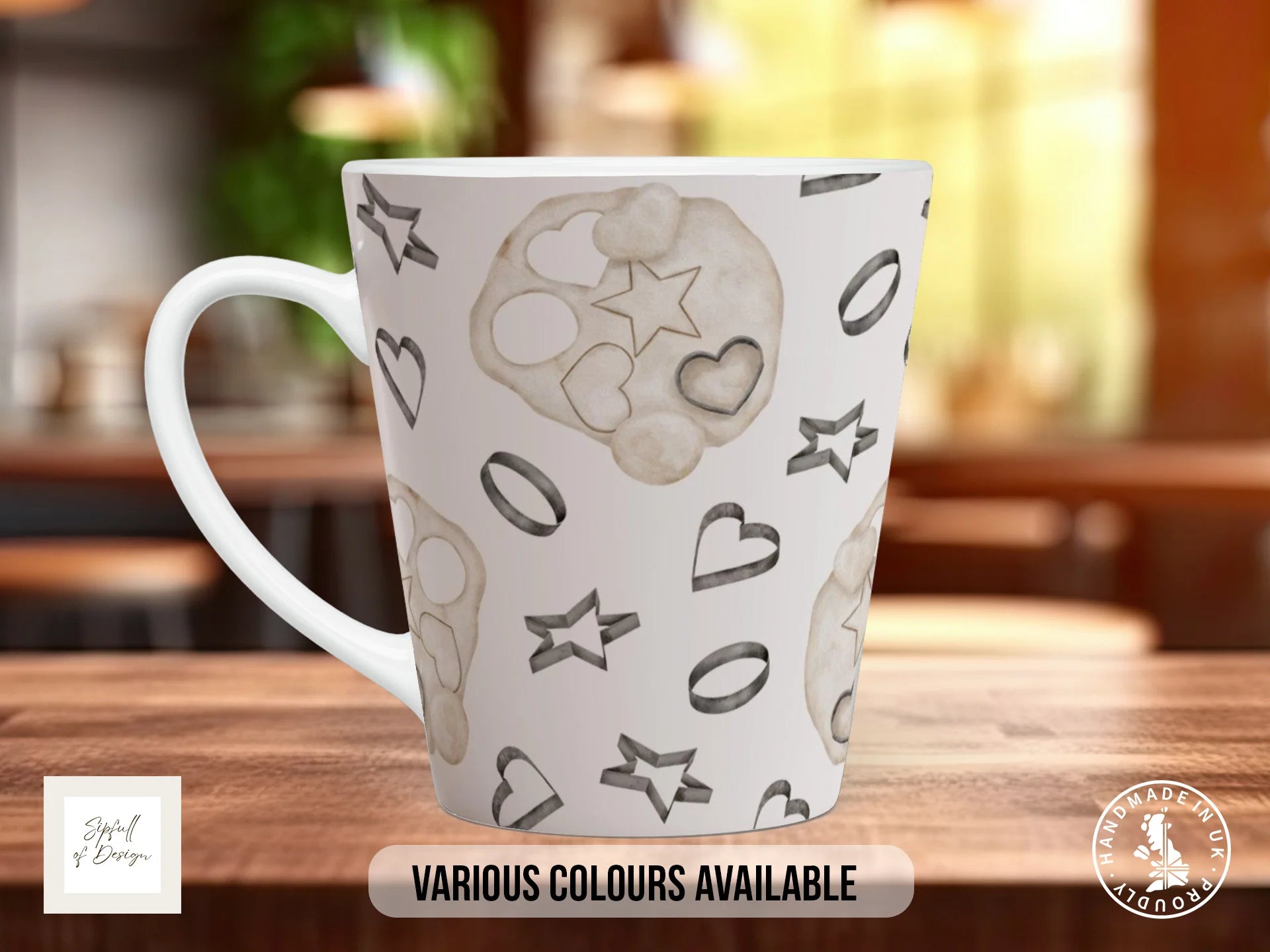 Cookie Dough & Cutter Mug | Monochrome Watercolour Baking Full Wrap Design 12oz Latte