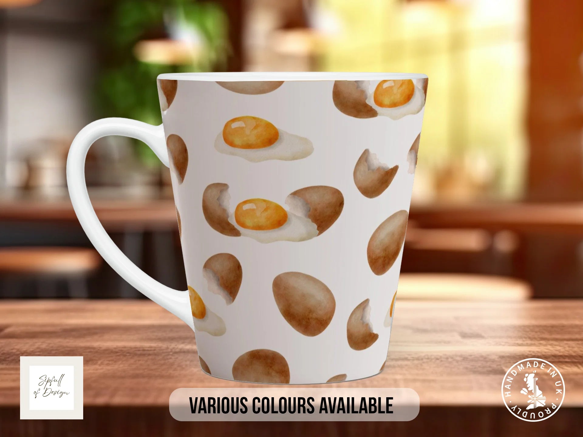 Cracked Egg Mug | Watercolour Eggs & Golden Yolk Full Wrap Design 12oz Latte
