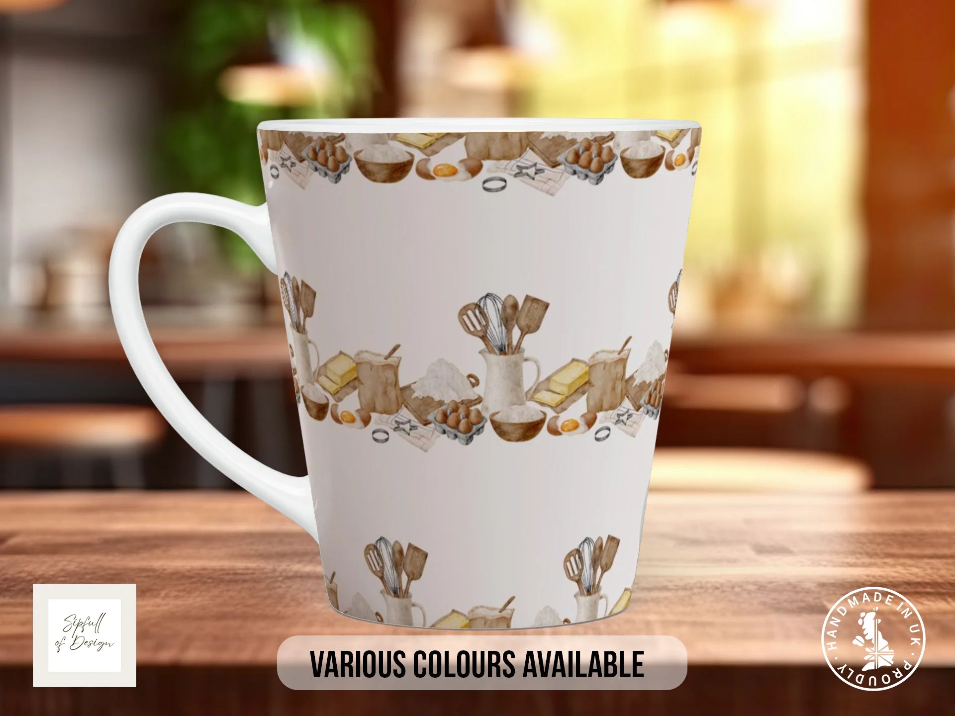 Baking Worktop Stripe Mug | Watercolour Kitchen Scene Full Wrap Design 12oz Latte