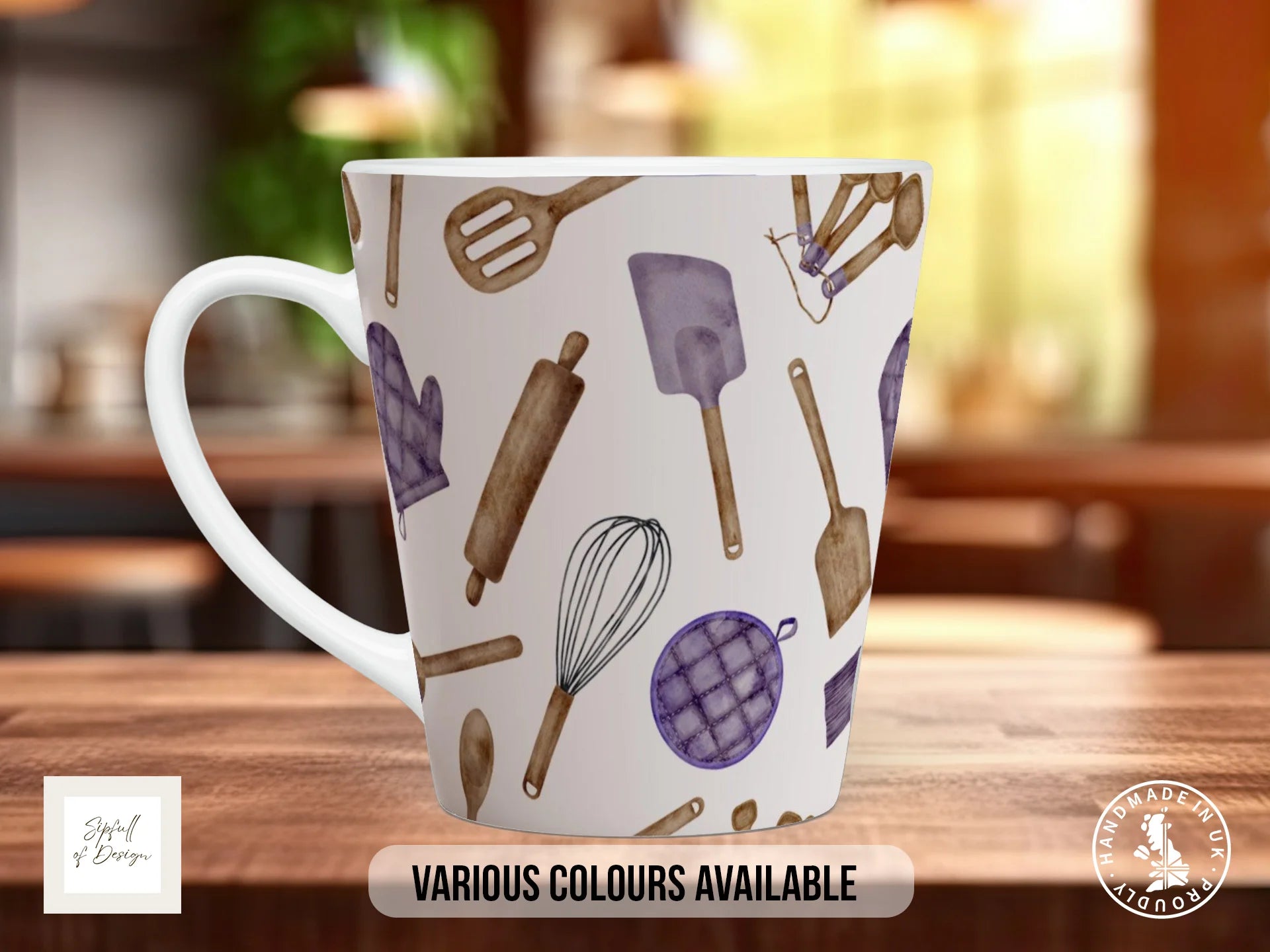 Wooden Baking Tools Mug | Watercolour Spatulas, Rolling Pin & Whisk Full Wrap Design 12oz Latte